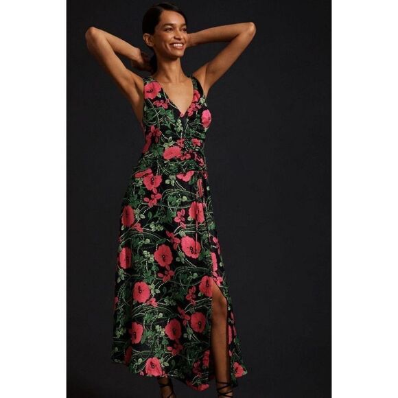 Anthropologie Floral Midi Dress in Black and Pink size 8 - Picture 1 of 9